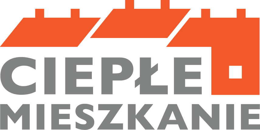 Logo programu Ciepłe Mieszkanie - ikony trzech budynków w kolorze pomarańczowym - pod nimi napis CIEPŁE MIESZKANIE