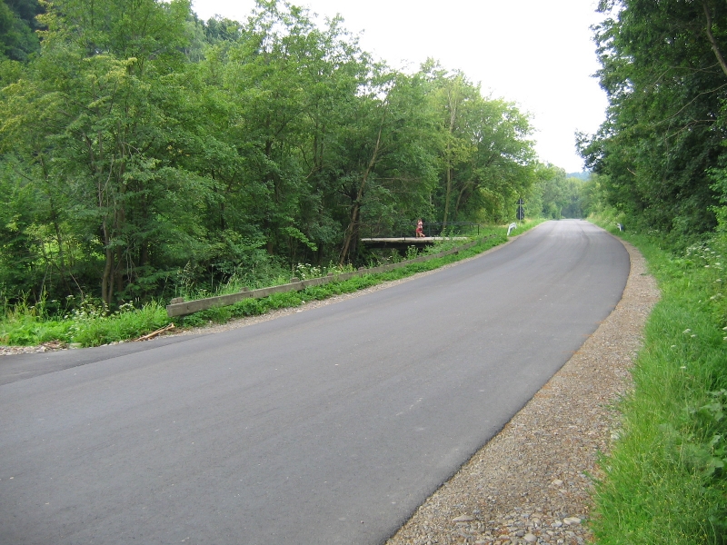 Droga asfaltowa z poboczem, po prawej stronie drzewa, po lewej stronie rów nad którym widać mały mostek.