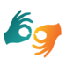 Ikona tłumacz języka migowego, zielona i żółta ręka - link do podstrony wideotłumacza języka migowego