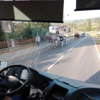Widok na drogę przez przednią szybę autobusu, na drodze widoczna dorożka i samochody