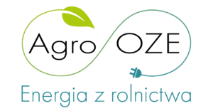 Logo Agro OZE Energia z rolnictwa - między napisem przewód zakończony z jednej strony wtyczką a z drugiej liściem