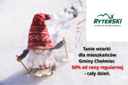 Plakat Mikołaj na nartach w śniegu Logo RyterSKI i informacja Tanie wtorki dla mieszkańców Gminy Chełmiec 50% od ceny regularnej - cały dzień.