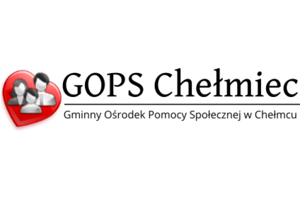 Logo GOPS Chełmiec ikona serca z trzema ikonami osób na tle tego serca i napis Gminny Ośrodek Pomocy Społecznej w Chełmcu