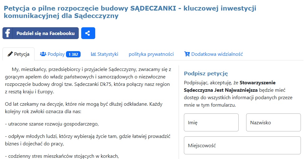petycja w sprawie budowy Sądeczanki