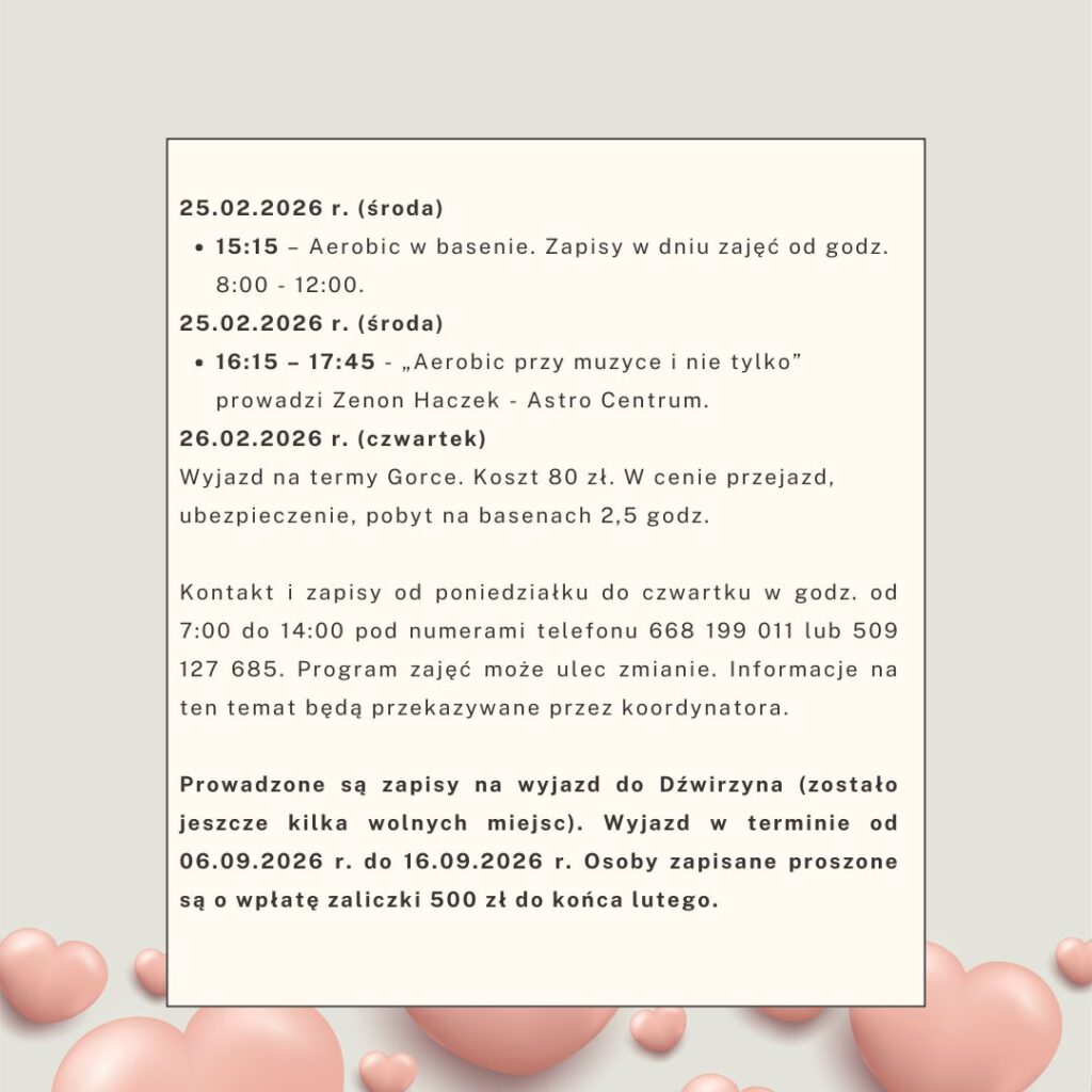 Seniorzy - harmonogram