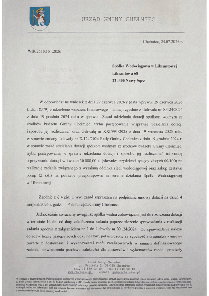 wsparcie dla spółki wodociągowej w Librantowej